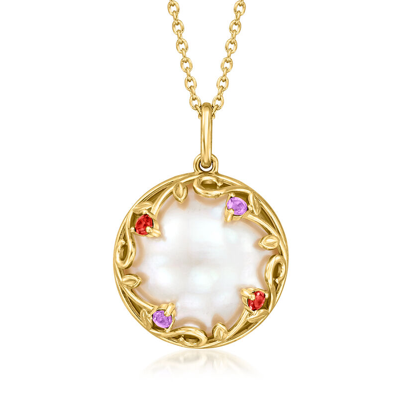 16-16.5mm Cultured Mabe Pearl Pendant Necklace with Amethyst and Garnet Accents in 18kt Gold Over Sterling. 18&quot; image number 1