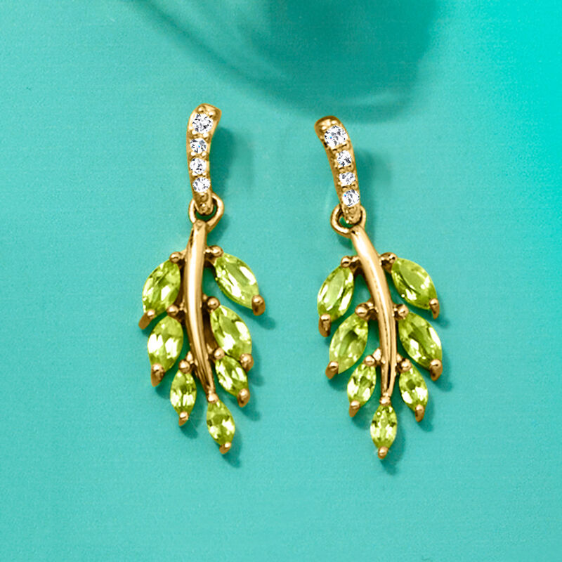 .80 ct. t.w. Peridot Leaf Drop Earrings with Diamonds in 18kt Gold Over Sterling  image number 2