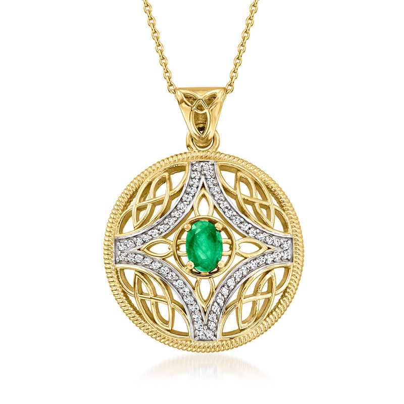 .70 Carat Emerald Circle Pendant Necklace with .50 ct. t.w. White Zircon in 18kt Gold Over Sterling. 18&quot; image number 1