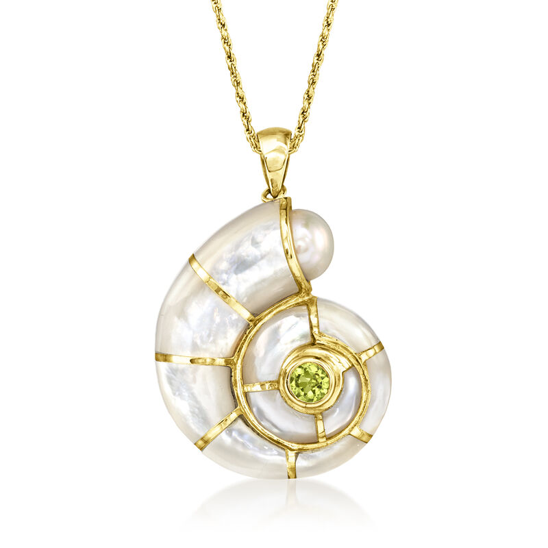 Mother-of-Pearl, 7-7.5mm Cultured Pearl and .30 Carat Peridot Shell Pendant in 14kt Yellow Gold  image number 2