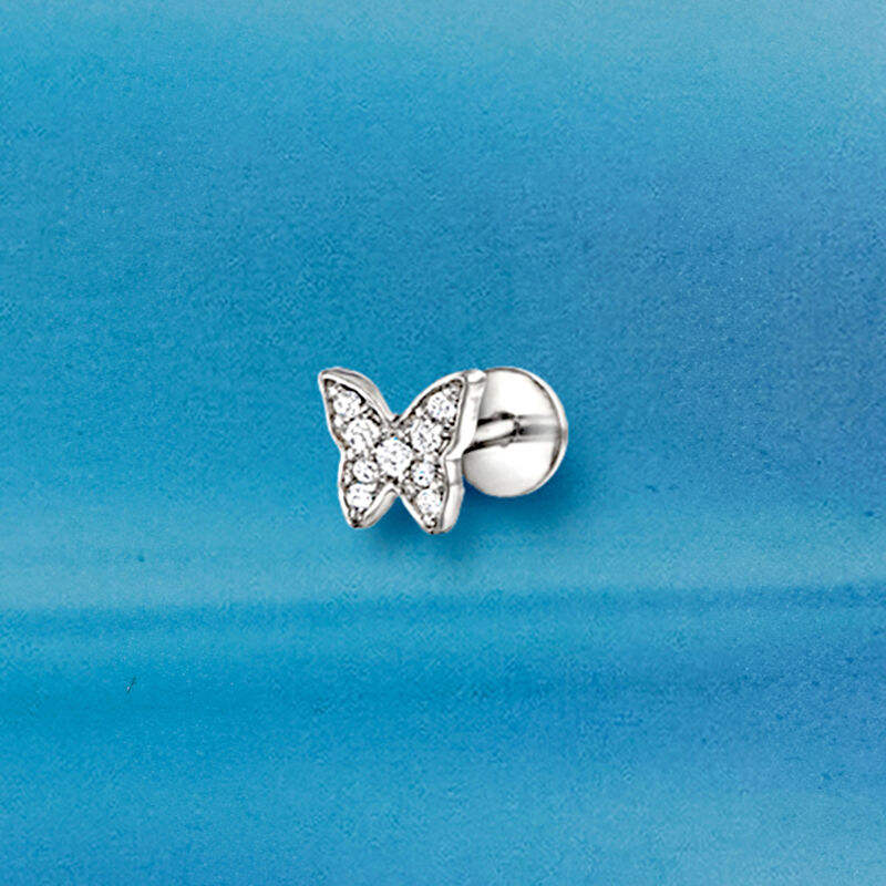 Diamond Butterfly Single Flat-Back Stud Earring in Sterling Silver image number 3