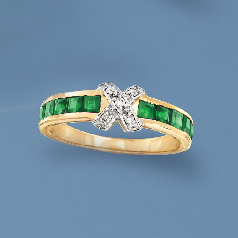 .90 ct. t.w. Emerald X Ring with Diamond Accents in 14kt Yellow Gold image number 3