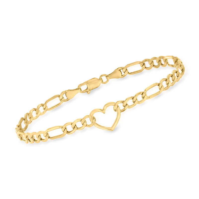14kt Yellow Gold Figaro-Link Heart Station Bracelet. 7&quot; image number 0