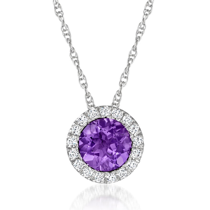 Gabriel Designs .49 Carat Amethyst Halo Necklace with Diamonds in 14kt White Gold. 18&quot; image number 1