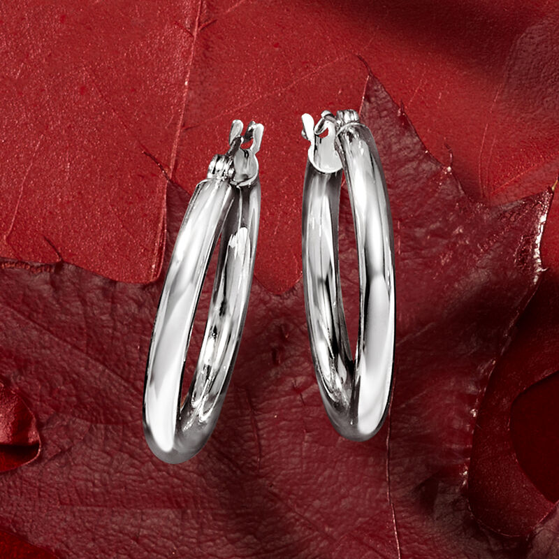 3mm 14kt White Gold Hoop Earrings. 1&quot; image number 3