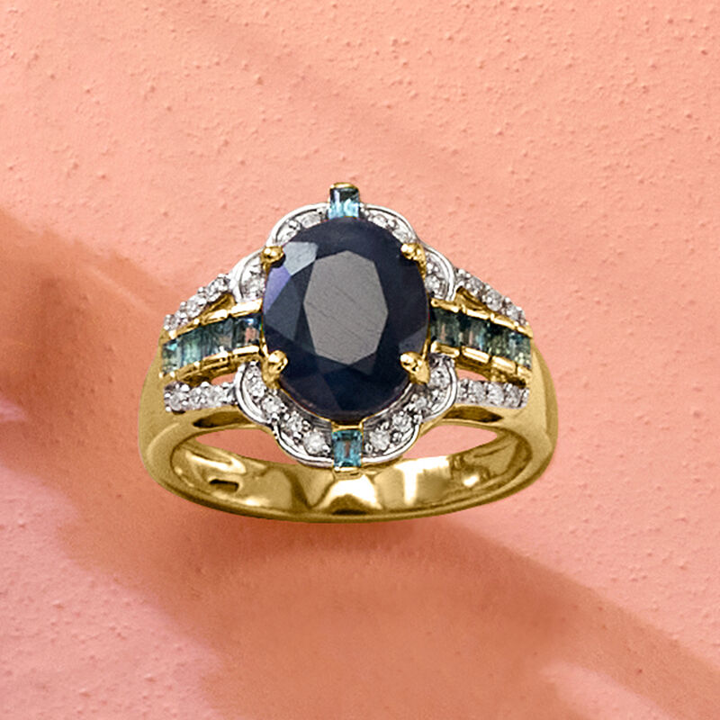 3.60 Carat Sapphire and .40 ct. t.w. London Blue Topaz Ring with .22 ct. t.w. Diamonds in 14kt Yellow Gold image number 4