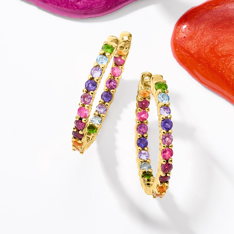 1.80 ct. t.w. Multi-Gemstone Inside-Outside Hoop Earrings in 18kt Gold Over Sterling. 7/8"
