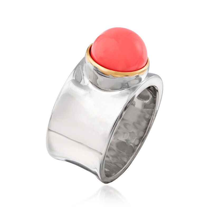 Orange Coral Wide Ring in Sterling Silver with 14kt Yellow Gold image number 2