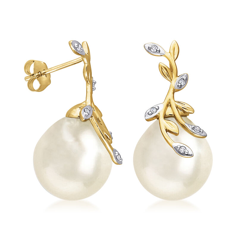 12-12.5mm Cultured South Sea Pearl Earrings with Diamonds in 14kt Yellow Gold  image number 1