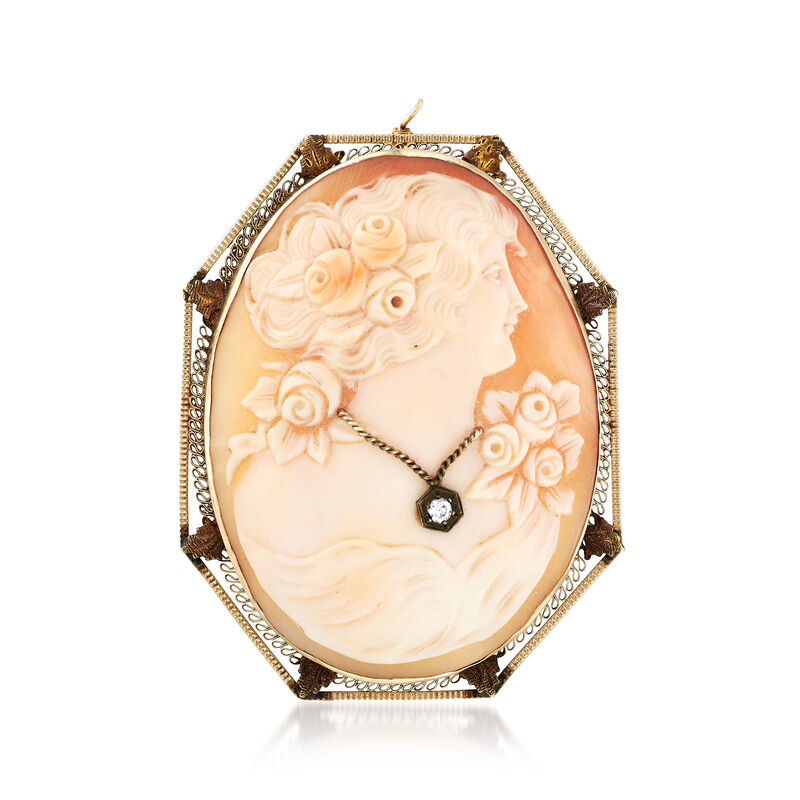 C. 1960 Vintage Pink Shell Cameo Pin Pendant with Diamond Accent in 14kt White Gold image number 1