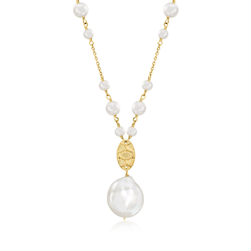 14-17mm Cultured Coin Pearl and 3-6mm Cultured Pearl Station Necklace in 18kt Gold Over Sterling image number 0