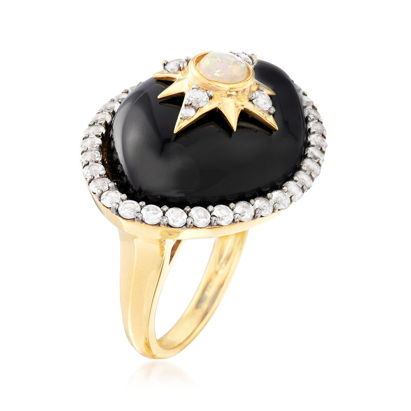 Black Onyx, Opal and 1.90 ct. t.w. White Topaz Ring in 18kt Yellow Gold Over Sterling Silver image number 2