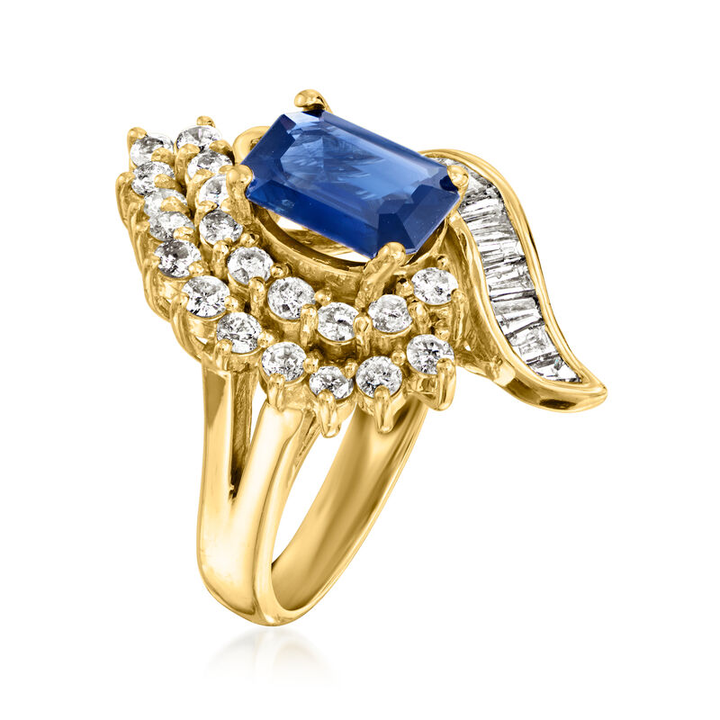 C. 1980 Vintage 2.15 Carat Sapphire and 1.20 ct. t.w. Diamond Swirl Cocktail Ring in 14kt Yellow Gold image number 2