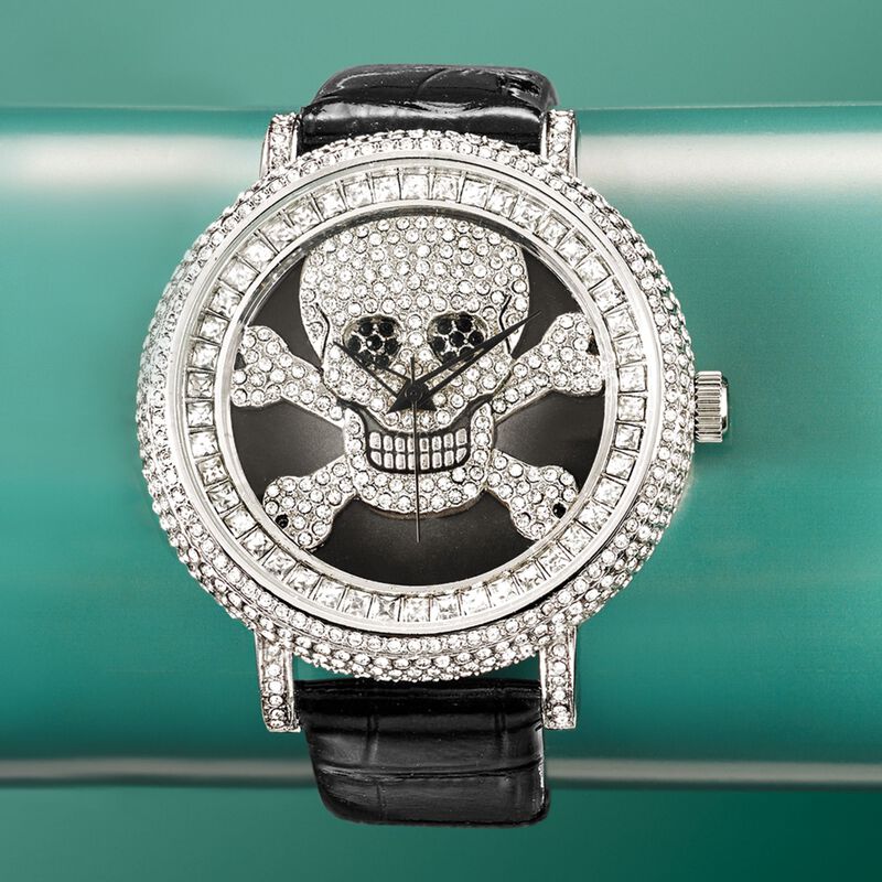 Saint James Women's 46mm White and Black Crystal Skull Watch with Black Leather image number 2