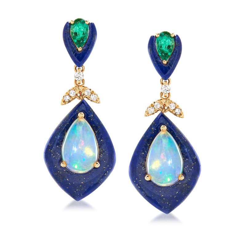 Opal, Lapis and .40 ct. t.w. Emerald Drop Earrings with Diamonds in 14kt Yellow Gold image number 0