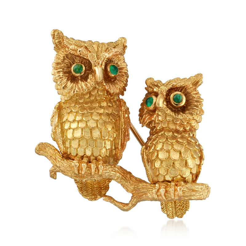 C. 1960 Vintage 18kt Yellow Gold Owl Pin with Green Chalcedony Accents image number 0