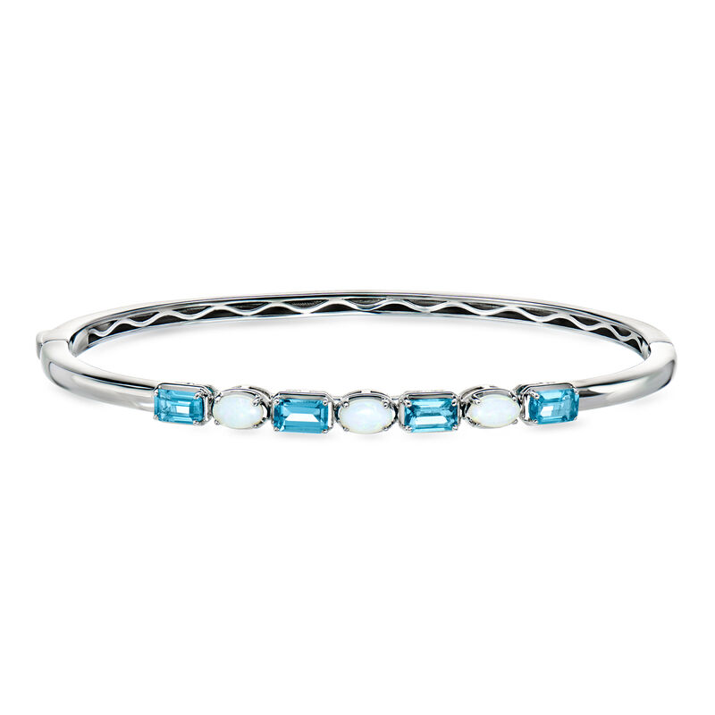 Opal and 1.40 ct. t.w. London Blue Topaz Bangle Bracelet in Sterling Silver. 7" image number 0