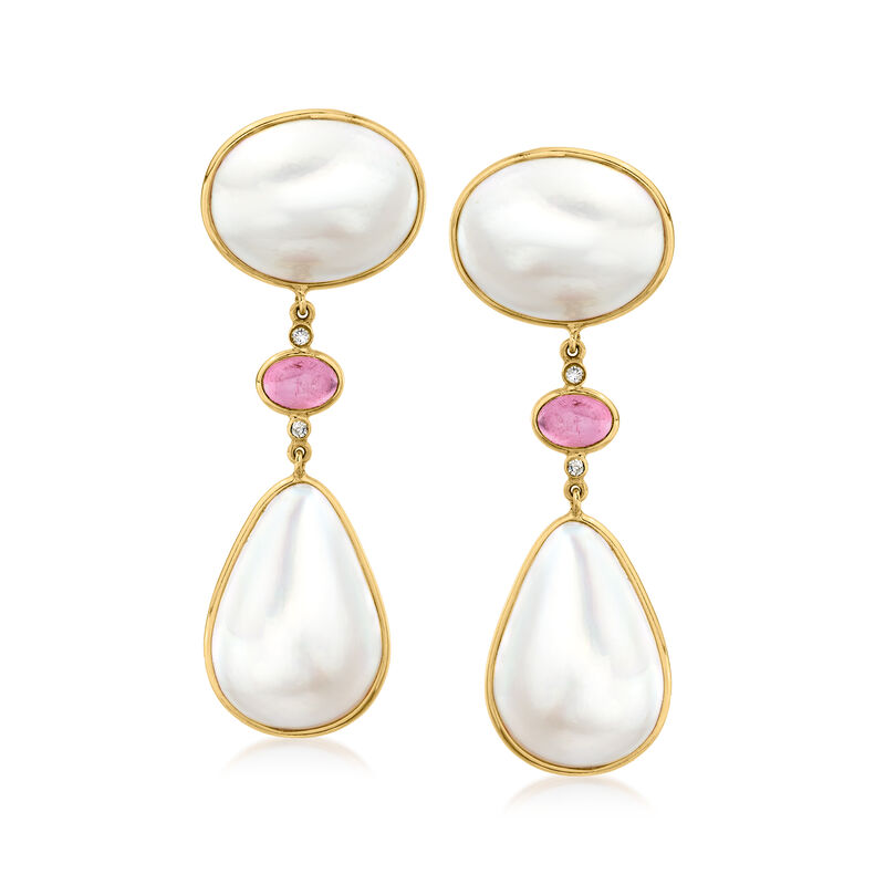 C. 1980 Vintage Cultured Mabe Pearl and Pink Tourmaline Drop Earrings in 14kt Yellow Gold image number 0