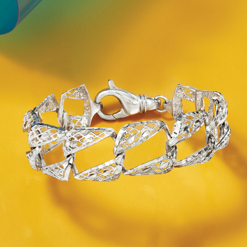 Italian Sterling Silver Textured and Polished Openwork Square-Link Bracelet image number 2