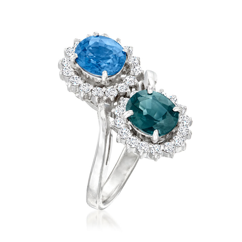 C. 1990 Vintage 2.46 ct. t.w. Tonal Blue Sapphire Bypass Ring with .53 ct. t.w. Diamonds in Platinum. Size 5 image number 2