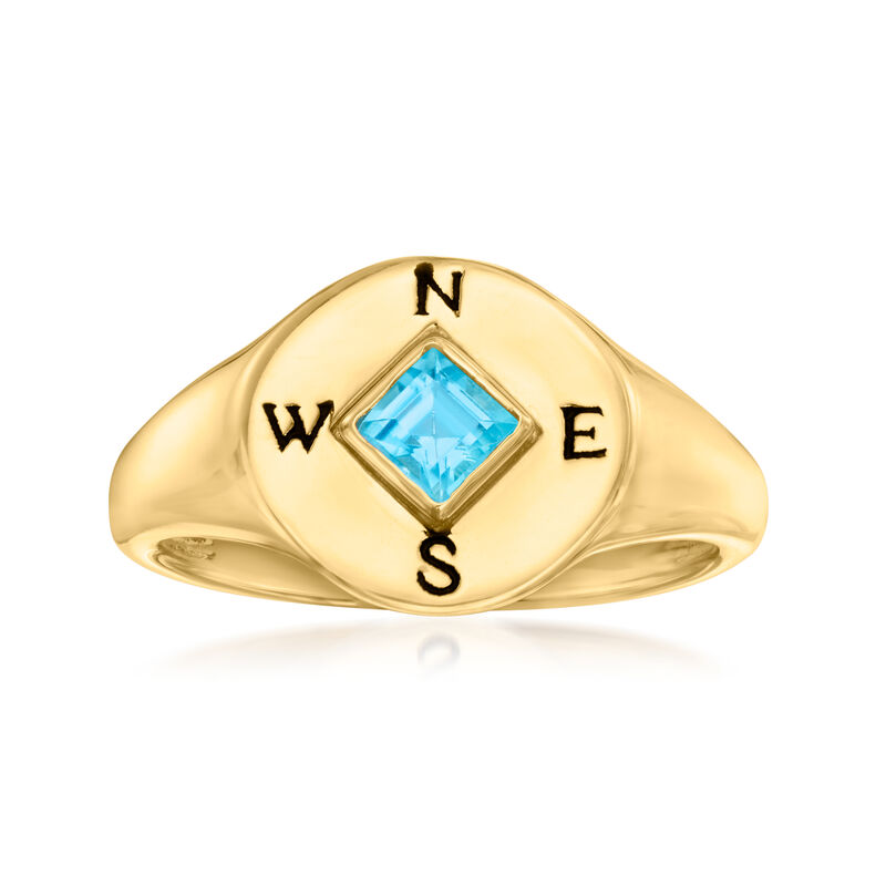 .30 Carat Swiss Blue Topaz and Black Enamel Compass Signet Ring in 18kt Gold Over Sterling image number 0