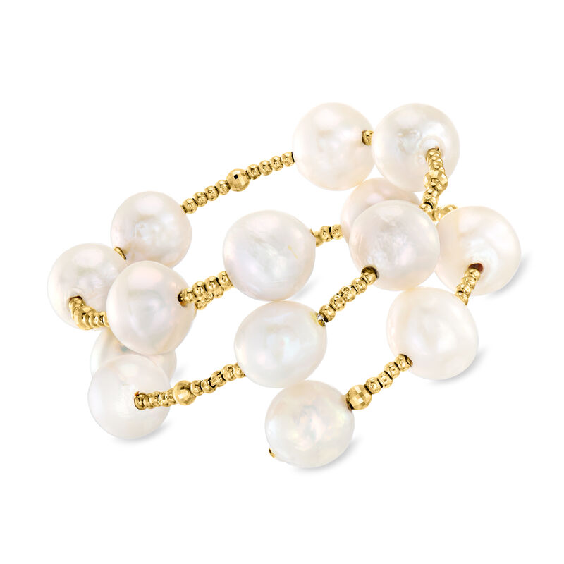 C. 2000 Vintage 12-13mm Cultured Baroque Pearl Two-Row Coiled Stretch Bracelet in 14kt Yellow Gold image number 0