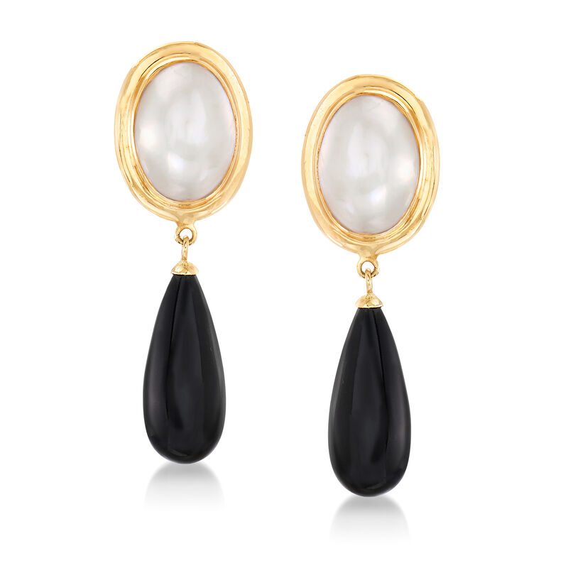 20x8mm Black Agate and 14x10mm Mabe Pearl Drop Earrings in 14kt Yellow Gold image number 0