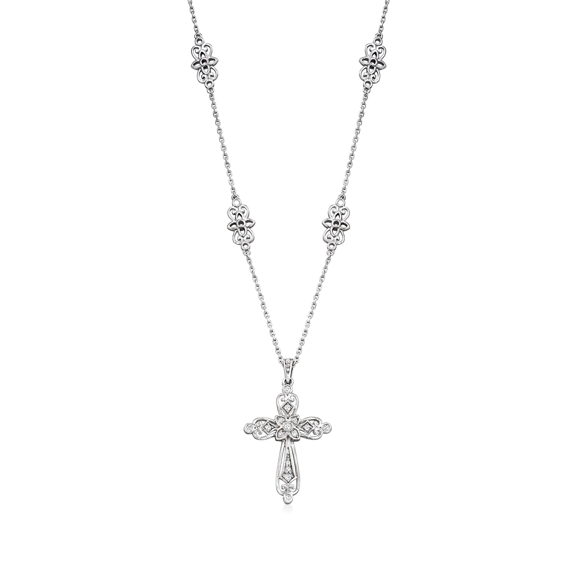 25 ct. t.w. Diamond Openwork Cross Necklace in Sterling Silver