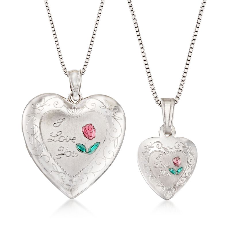 Sterling Silver Mom & Me Jewelry Set: Two &quot;I Love You&quot; Heart Locket Necklaces image number 0