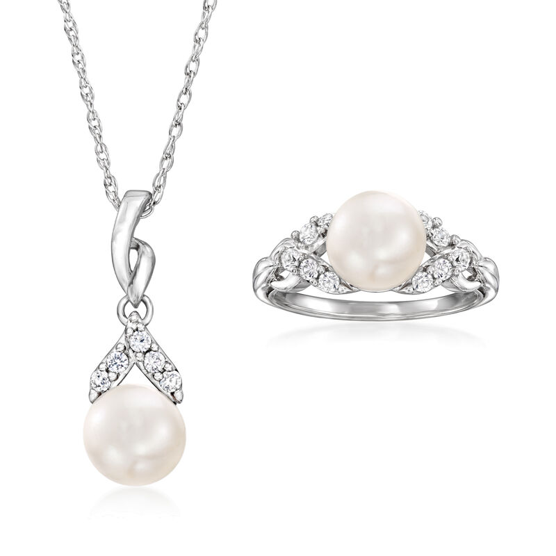 8-8.5mm Cultured Pearl and .40 ct. t.w. White Topaz Jewelry Set: Pendant Necklace and Ring in Sterling Silver image number 0