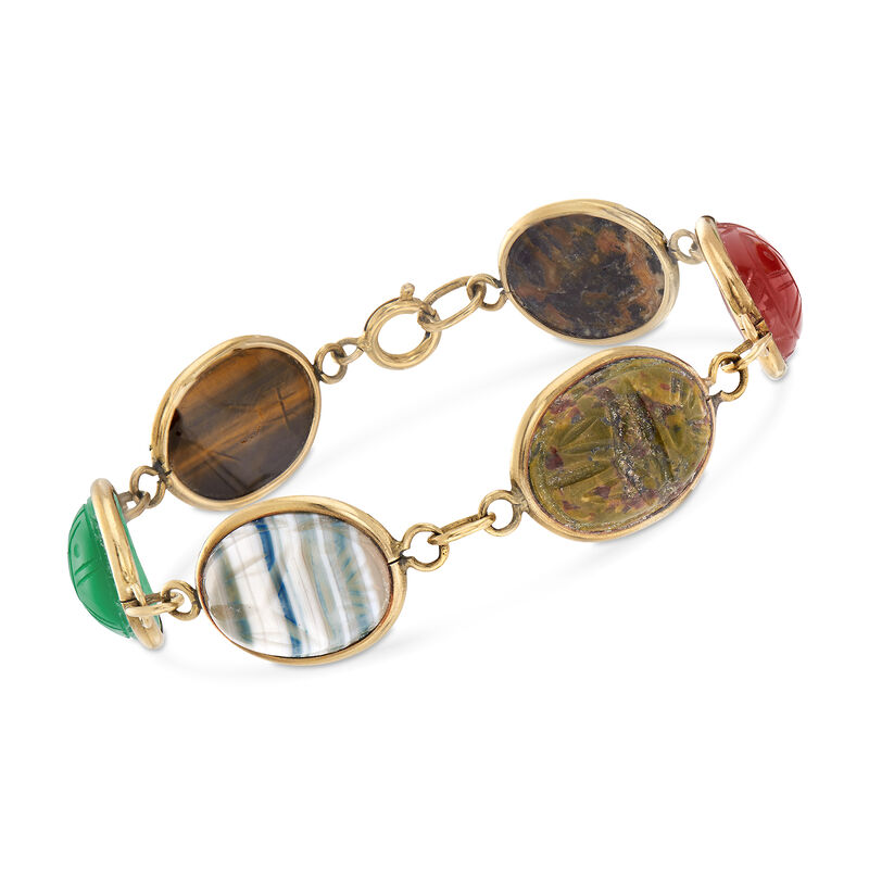 C. 1960 Vintage Multi-Gemstone Scarab Bracelet in 14kt Yellow Gold image number 0