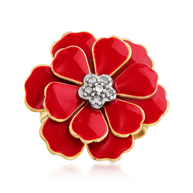 Italian Red Enamel Flower Ring in 18kt Gold Over Sterling image number 0