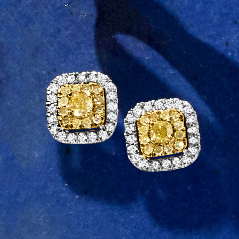 1.00 ct. t.w. Yellow and White Diamond Cluster Earrings in 14kt White Gold  image number 2