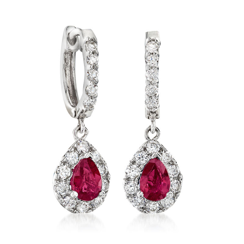 1.00 ct. t.w. Ruby and .70 ct. t.w. Diamond Drop Earrings in 14kt White Gold image number 2