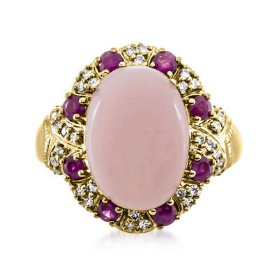 Pink Opal, .60 ct. t.w. Ruby and .23 ct. t.w. Diamond Ring in 18kt Yellow Gold