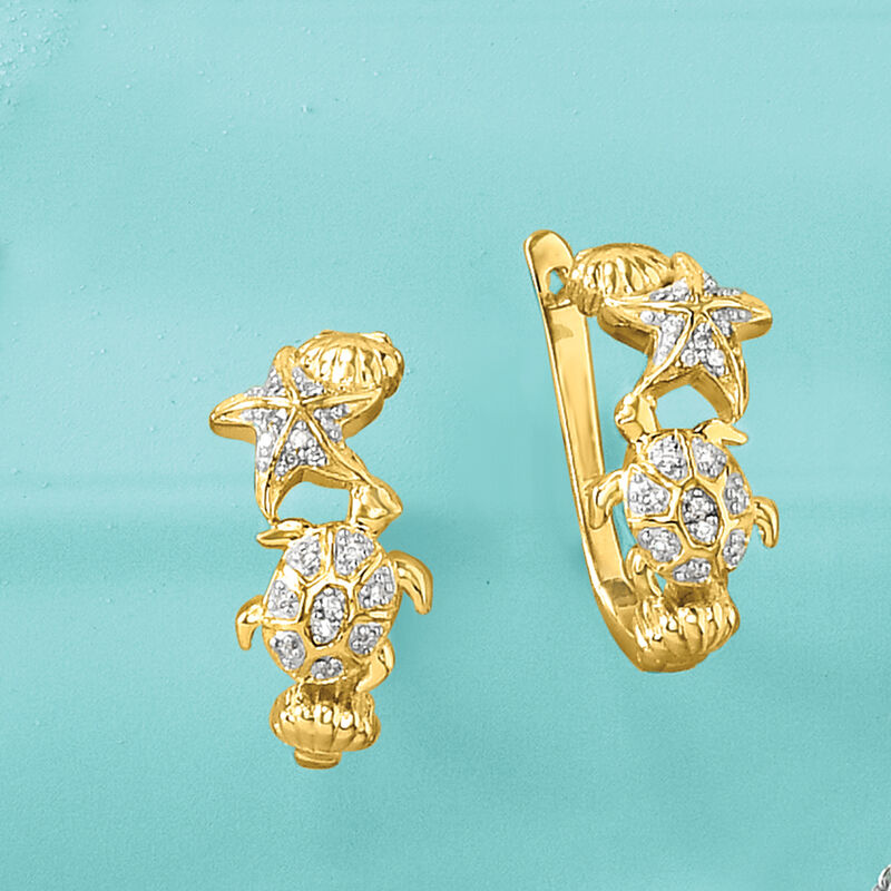 .10 ct. t.w. Diamond Sea Life Hoop Earrings in 18kt Gold Over Sterling. 5/8&quot; image number 2