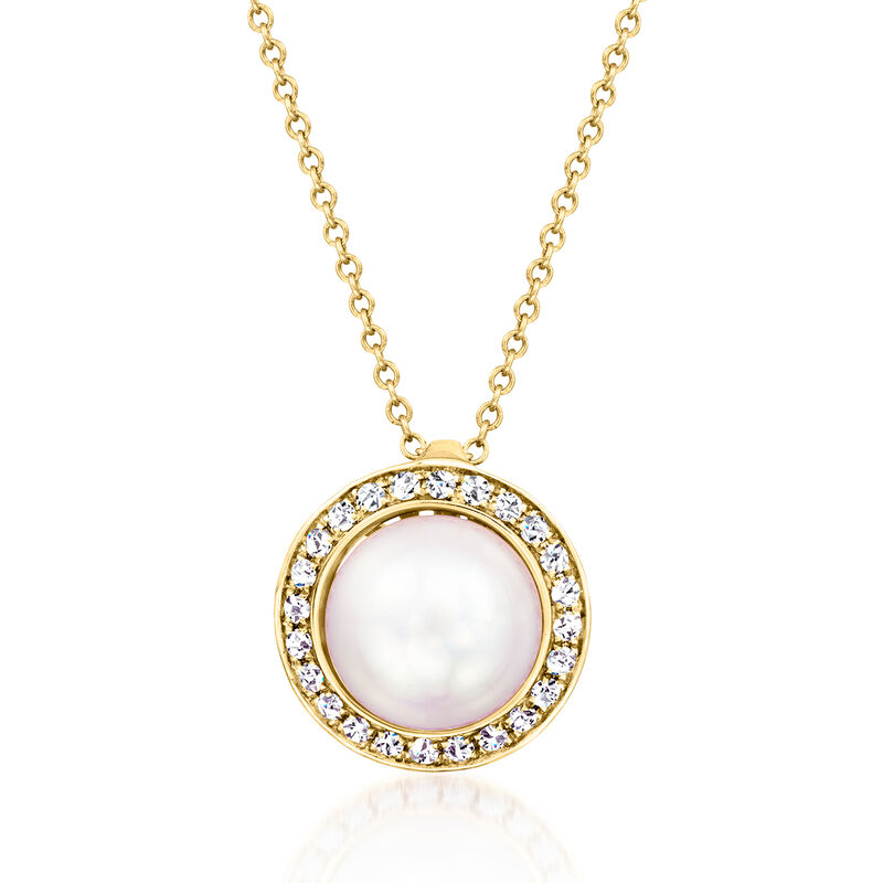8-9mm Cultured Pearl and .16 ct. t.w. Diamond Pendant Necklace in 14kt Yellow Gold. 16&quot; image number 1