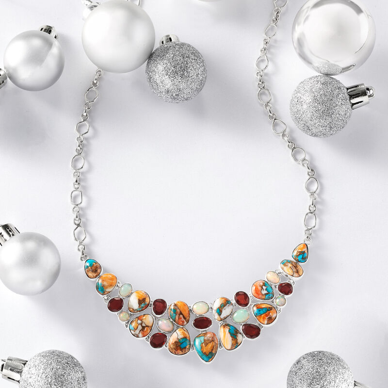 72.90 ct. t.w. Opal, Turquoise and Garnet Statement Necklace in Sterling Silver image number 3