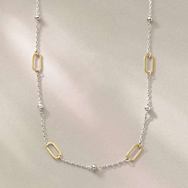 18kt Gold Over Sterling and Sterling Silver Paper Clip Link Bead Station Necklace image number 2