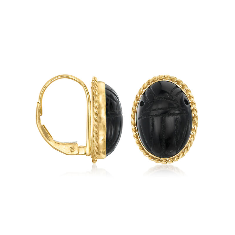 C. 1970 Vintage Onyx Scarab Earrings in 14kt Yellow Gold image number 2