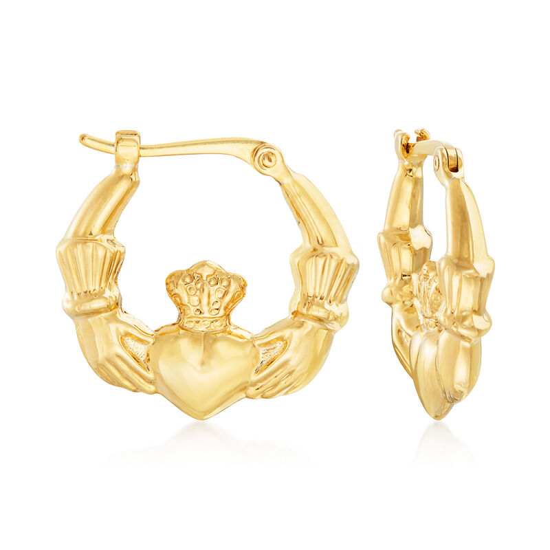 14kt Yellow Gold Claddagh Hoop Earrings. 5/8&quot; image number 0
