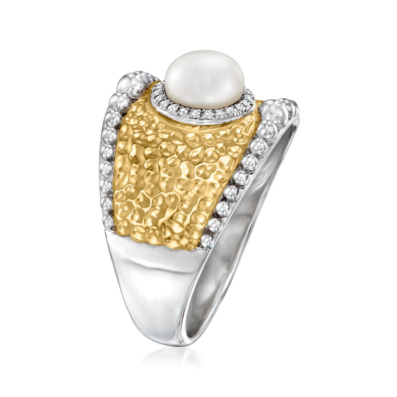 6-6.5mm Cultured Pearl Beaded Ring with Diamonds in Sterling Silver and 18kt Gold Over Sterling image number 2