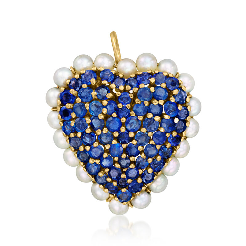 C. 1970 Vintage 3.2mm Cultured Pearl and 3.50 ct. t.w. Sapphire Heart Pin/Pendant in 14kt Yellow Gold  image number 0