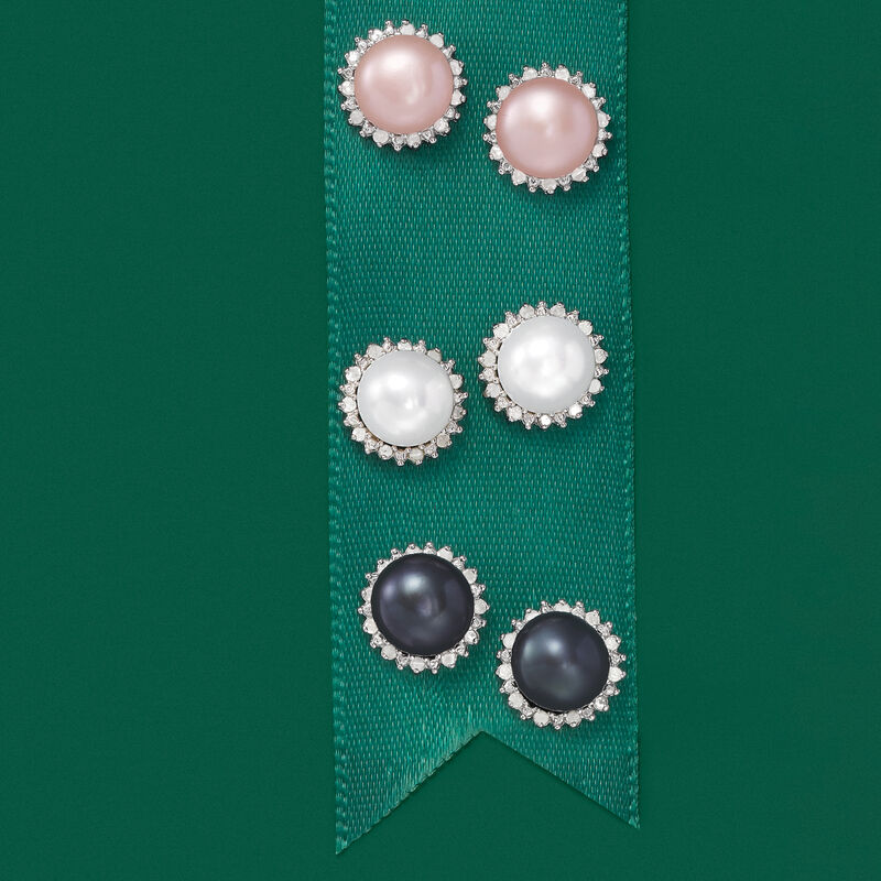 7-7.5mm Multicolored Cultured Pearl and .39 ct. t.w. Diamond Jewelry Set: Three Pairs of Earrings in Sterling Silver image number 5
