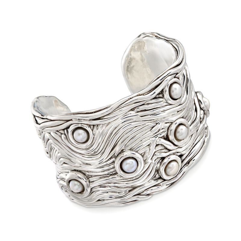 6-6.5mm Cultured Button Pearl Cuff Bracelet in Sterling Silver Over Resin image number 0
