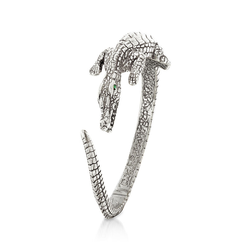 Italian Sterling Silver Alligator Bypass Bangle Bracelet with Emerald Accents. 7.5&quot; image number 2