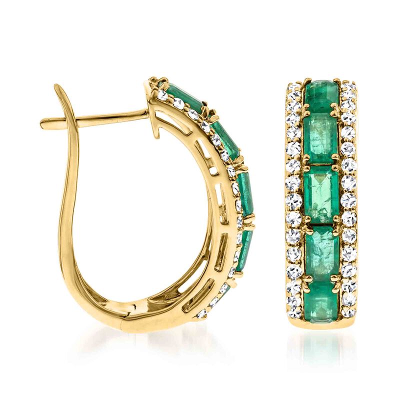 2.80 ct. t.w. Emerald and .76 ct. t.w. Diamond Hoop Earrings in 14kt Yellow Gold. 3/4" image number 1