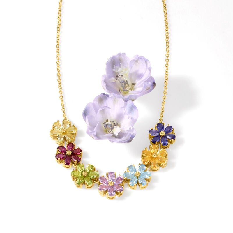 6.90 ct. t.w. Multi-Gemstone Flower Necklace in 18kt Gold Over Sterling image number 2