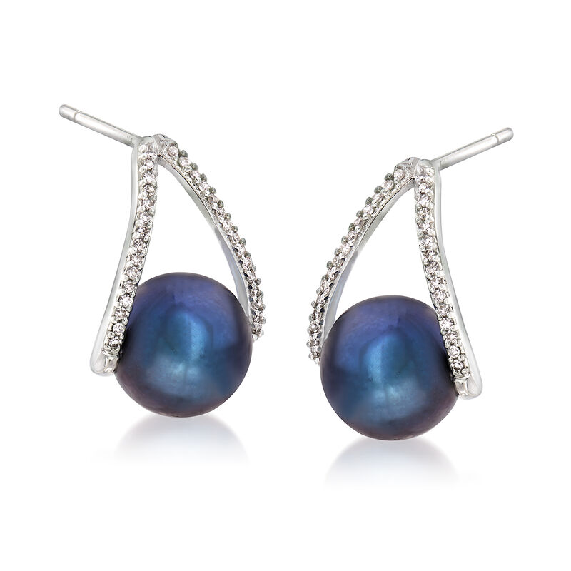 8-8.5mm Black Cultured Pearl and .12 ct. t.w. Diamond Drop Earrings in 14kt White Gold image number 3