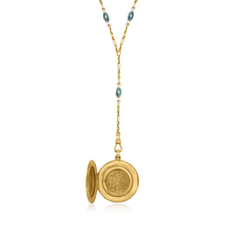 C. 1930 Vintage Teal Guilloche Enamel Locket Y-Necklace in 14kt Yellow Gold image number 2